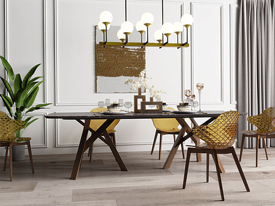 3d现代轻奢金属餐桌椅模型