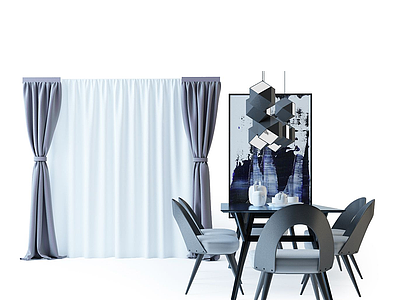 3d现代餐桌椅组合窗帘模型