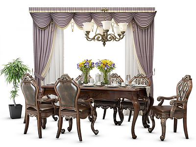 3d欧式餐桌椅组合窗帘模型