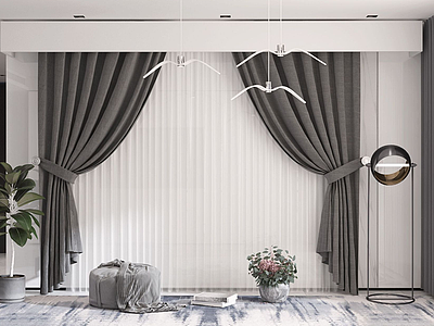 3d现代窗帘窗纱摆件吊灯组合模型