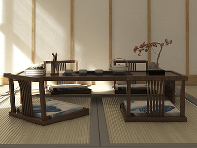 日式禅意茶桌椅榻榻米模型