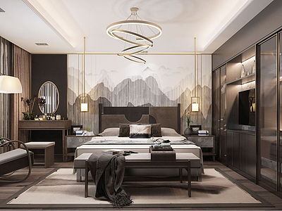 新中式轻奢卧室模型3d模型