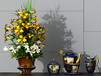3d美式茶具花盆花艺模型