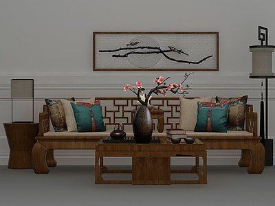 新中式沙发茶几组合模型