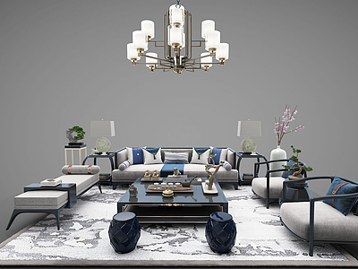 新中式沙发茶几水晶灯桌椅模型3d模型
