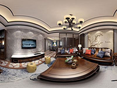 3d新中式风格客餐厅模型