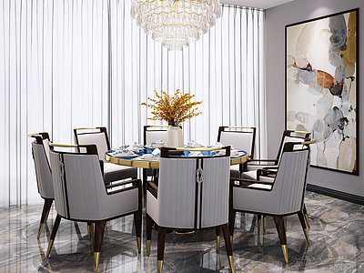 3d新中式餐厅桌椅吊灯模型