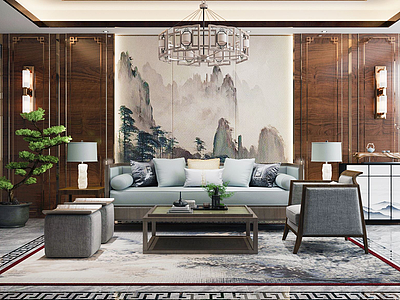 新中式客厅沙发组合模型