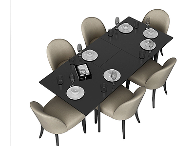 3d现代方形餐桌椅组合模型