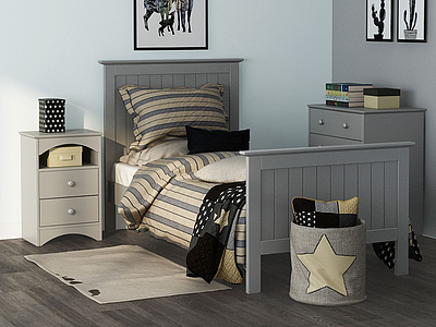 现代儿童卧室床家具组合模型