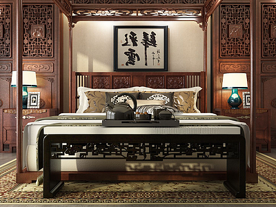 新中式卧室双人床组合模型