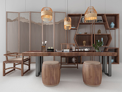 3d中式茶桌椅凳子屏风组合模型