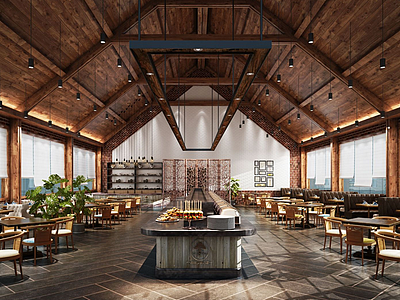 3d现代实木餐厅餐馆空间模型