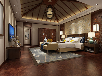 东南亚酒店卧室包间模型3d模型