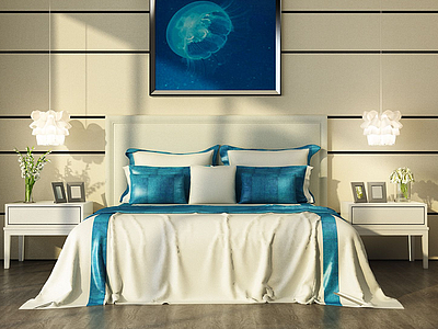 3d蓝色简约卧室双人床模型