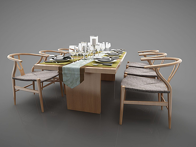 3d简约六人餐桌椅子模型