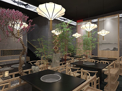 3d中式个性绿色餐厅模型