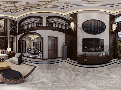 3d中式别墅客厅走廊玄关模型