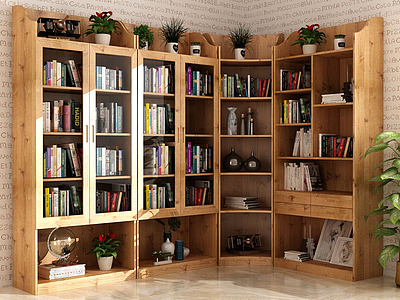 现代实木转角书柜书籍组合模型3d模型