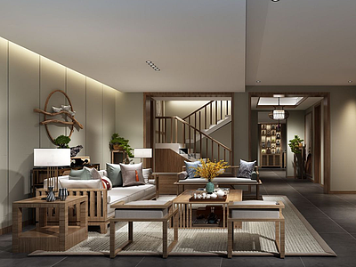 3d中式客厅原木家具模型