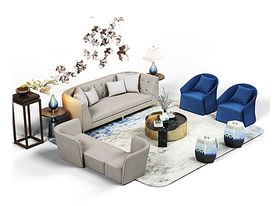 3d现代沙发贵妃椅茶几组合模型