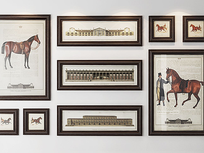 美式古典建筑马像挂画组合3d模型