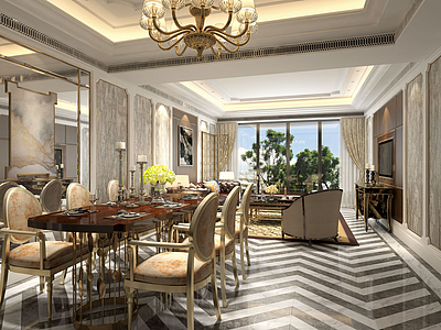 3d欧式别墅客厅餐厅模型