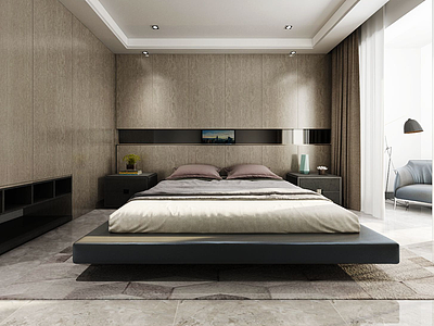 3d现代卧室简约双人床模型