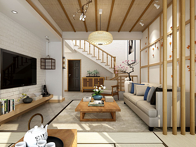 中式原木客厅3d模型