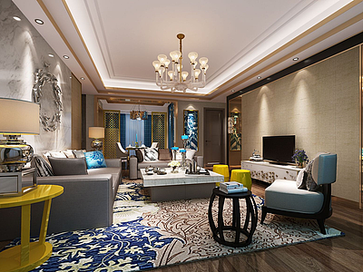 3d新中式客厅休息区模型