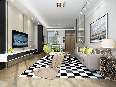 3d现代客厅黑白格地垫模型
