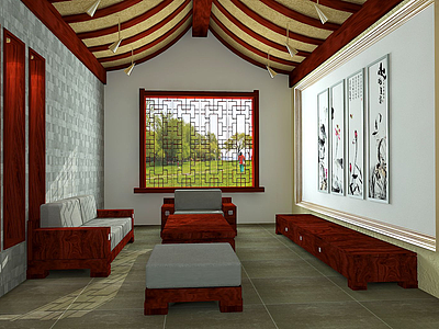3d中式特色房屋沙发壁画模型