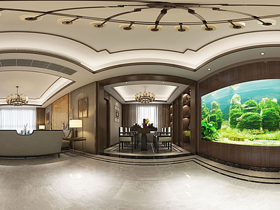 3d中式客厅海洋绿植墙模型