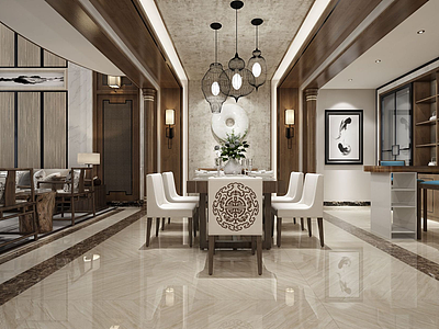 3d现代中式餐厅客厅模型