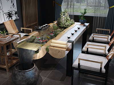 新中式流水茶桌组合模型3d模型