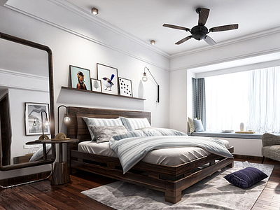 实木板床中式卧室模型3d模型