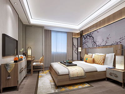 3d中式风格梅花壁画主题卧室模型