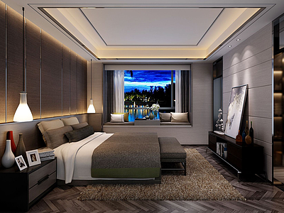 3d现代海景窗卧室模型