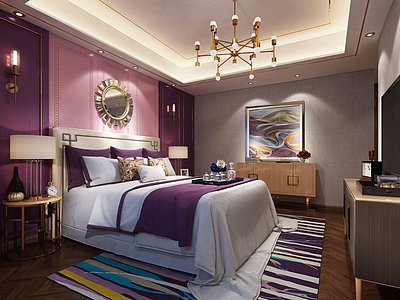 3d紫色调流线壁画现代卧室模型
