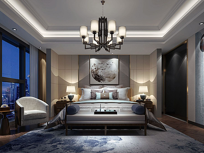 中式床榻吊灯卧室模型3d模型