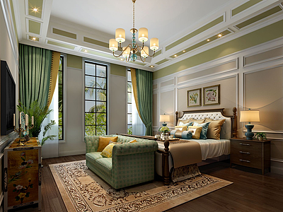 3d现代黄绿色典雅风格卧室模型