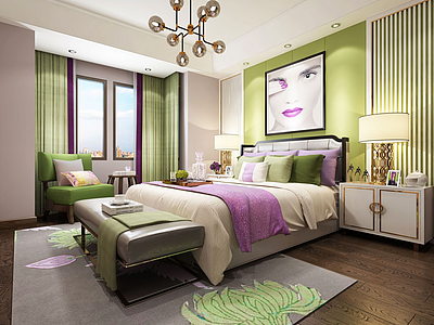 现代淡紫青绿色调主题卧室模型3d模型