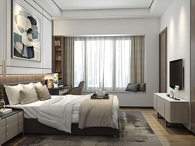 3d现代简约素色单人卧室模型