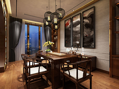 中式桌椅吊灯壁画摆件模型