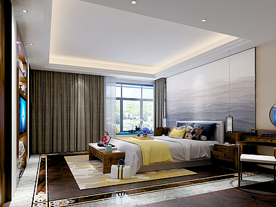3d现代床地垫搭配色调卧室模型