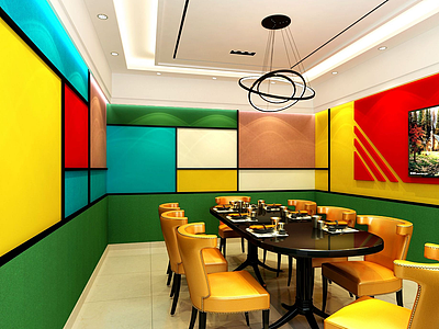 现代餐厅包间彩色方格墙面3d模型