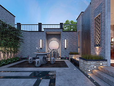 3d中式坐落庭院茶屋模型