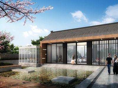 3d现代中式文化气息艺术庭院模型