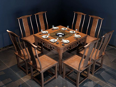 3d新中式火锅桌椅组合模型