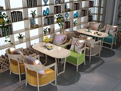 3d现代奶茶店桌椅组合模型